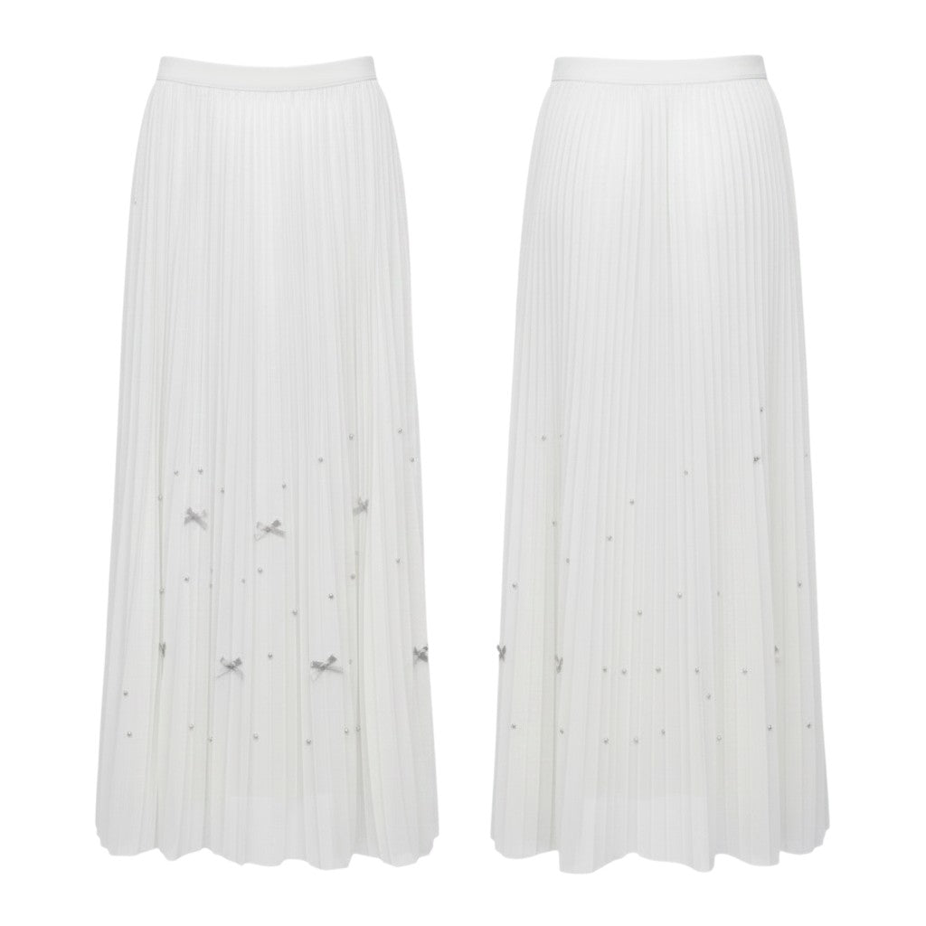 White Bow Pleated Midi Skirt