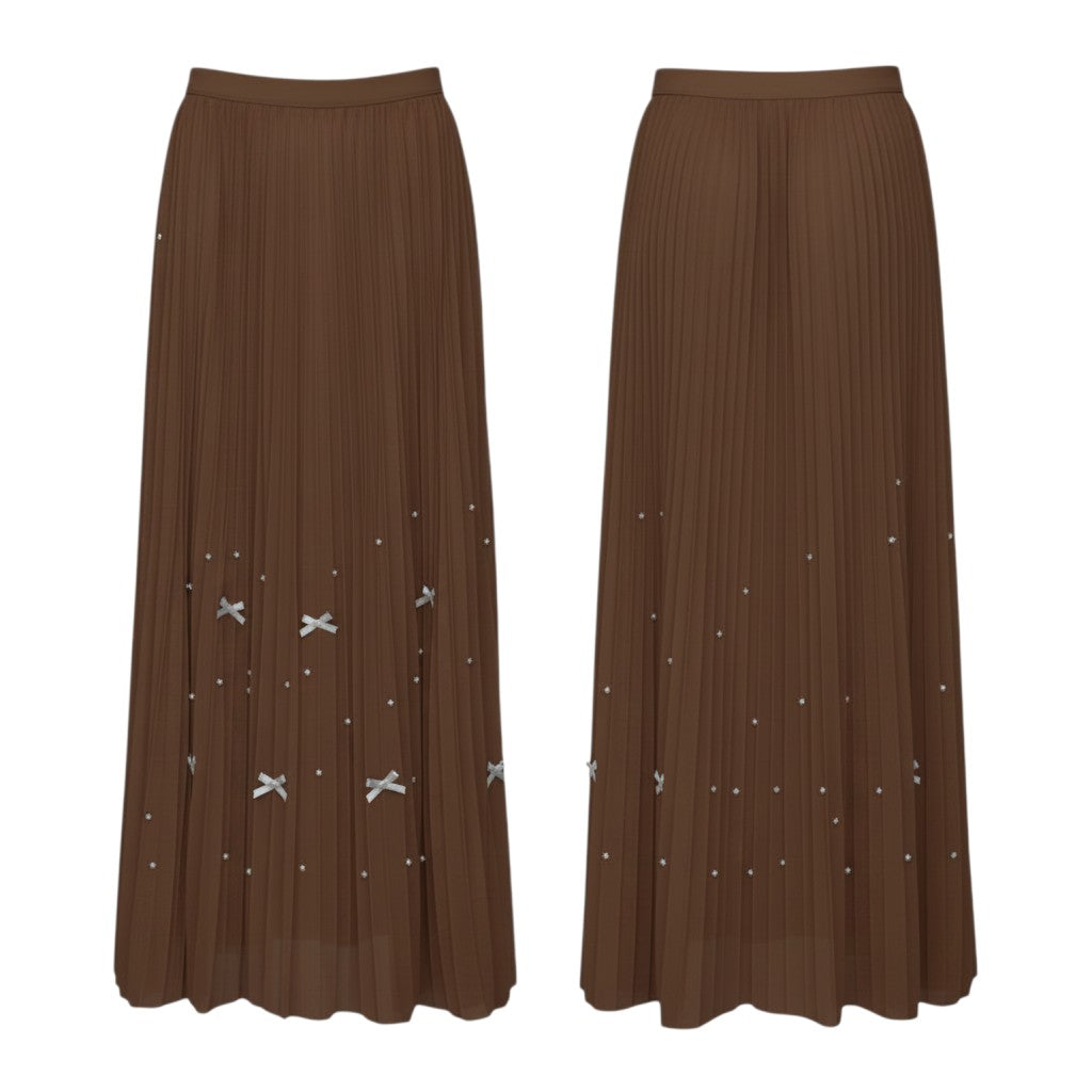 Brown Bow Pleated Midi Skirt