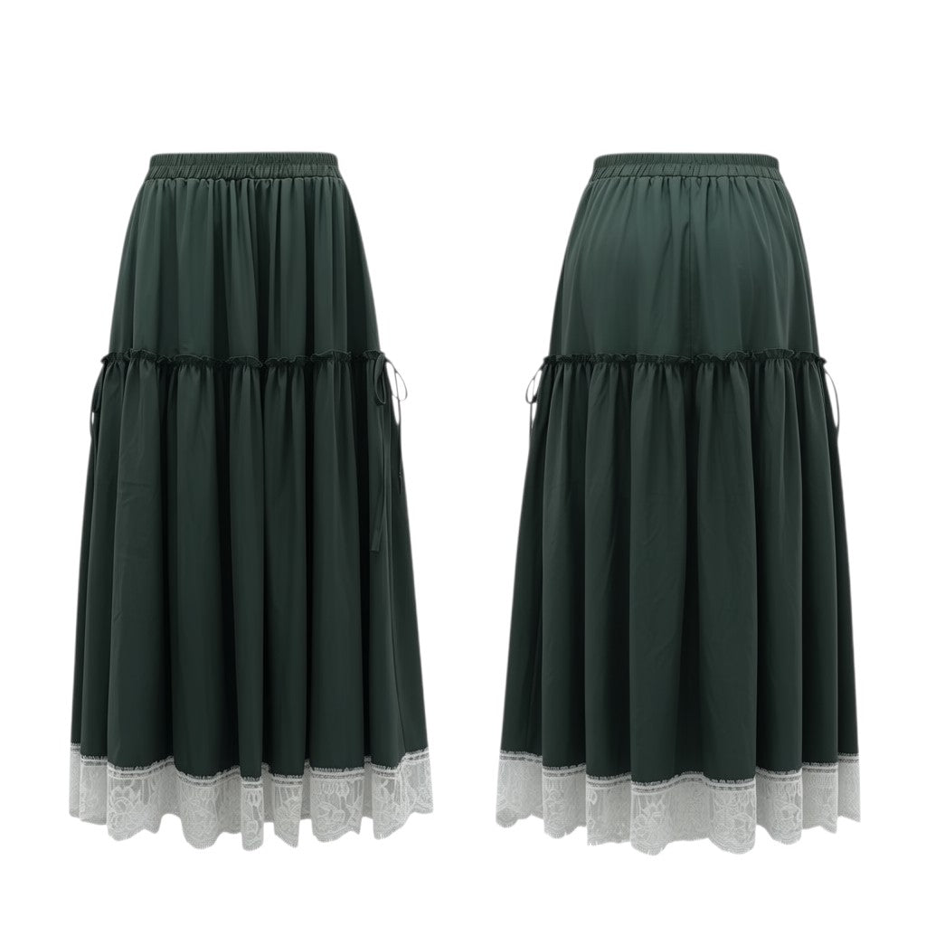 Dark Green Lace Hem Tiered Midi Skirt