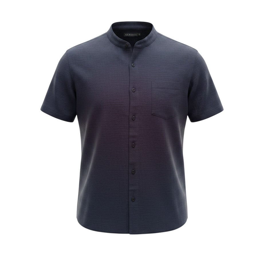 Navy Mandarin Collar Short Sleeve Shirt