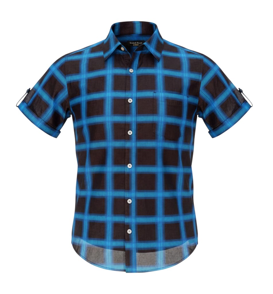 Blue Windowpane Check Short Sleeve Shirt