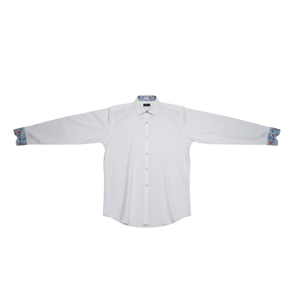 White Floral Contrast Cuff Dress Shirt