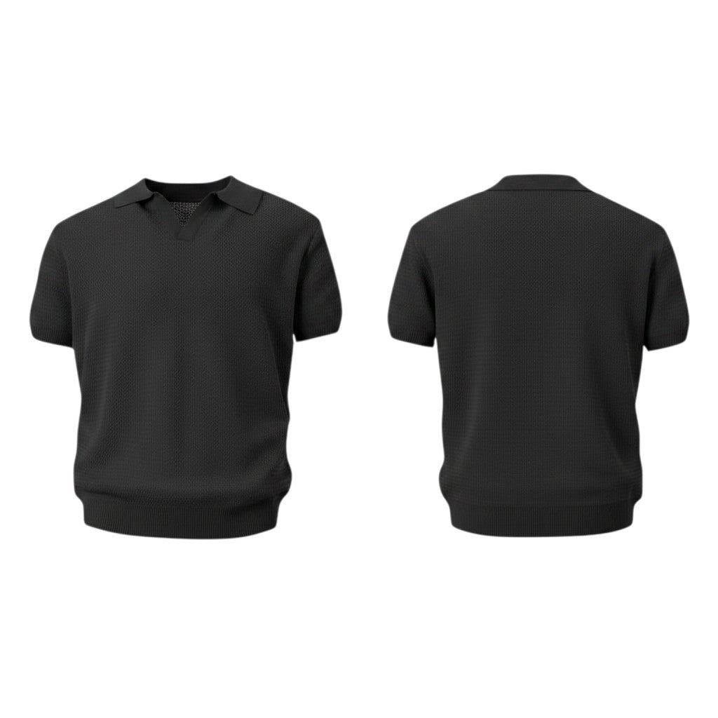 Black Open-Collar Knit Polo