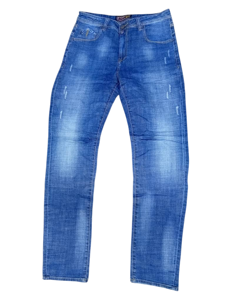 Blue Distressed Straight-Leg Jeans