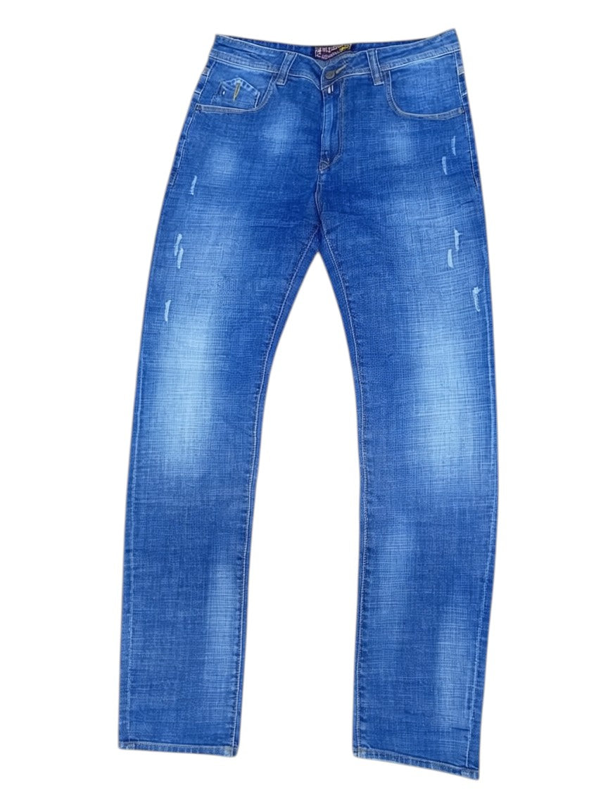 Blue Distressed Straight-Leg Jeans