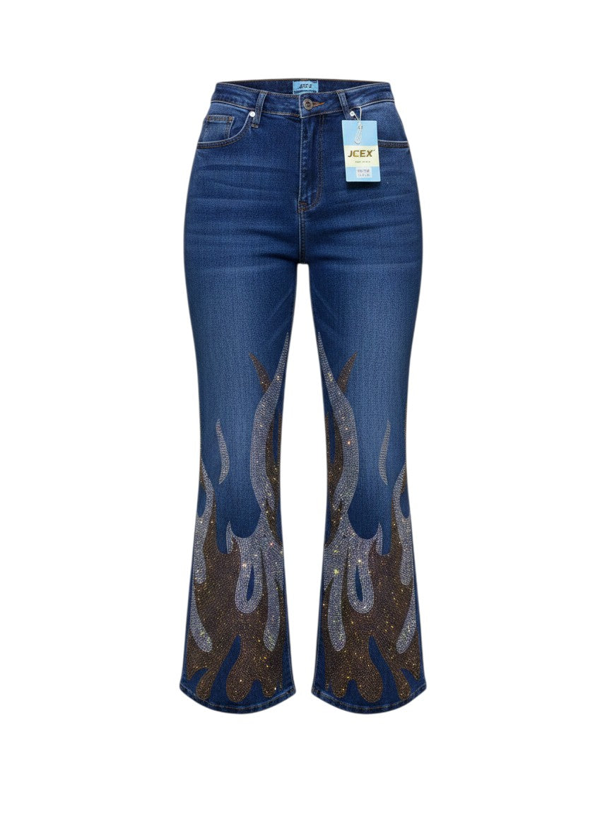 Blue Rhinestone Flame Bootcut Flare Jeans