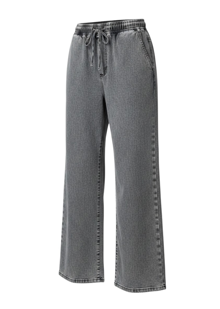 Grey Washed Drawstring Wide-Leg Jeans