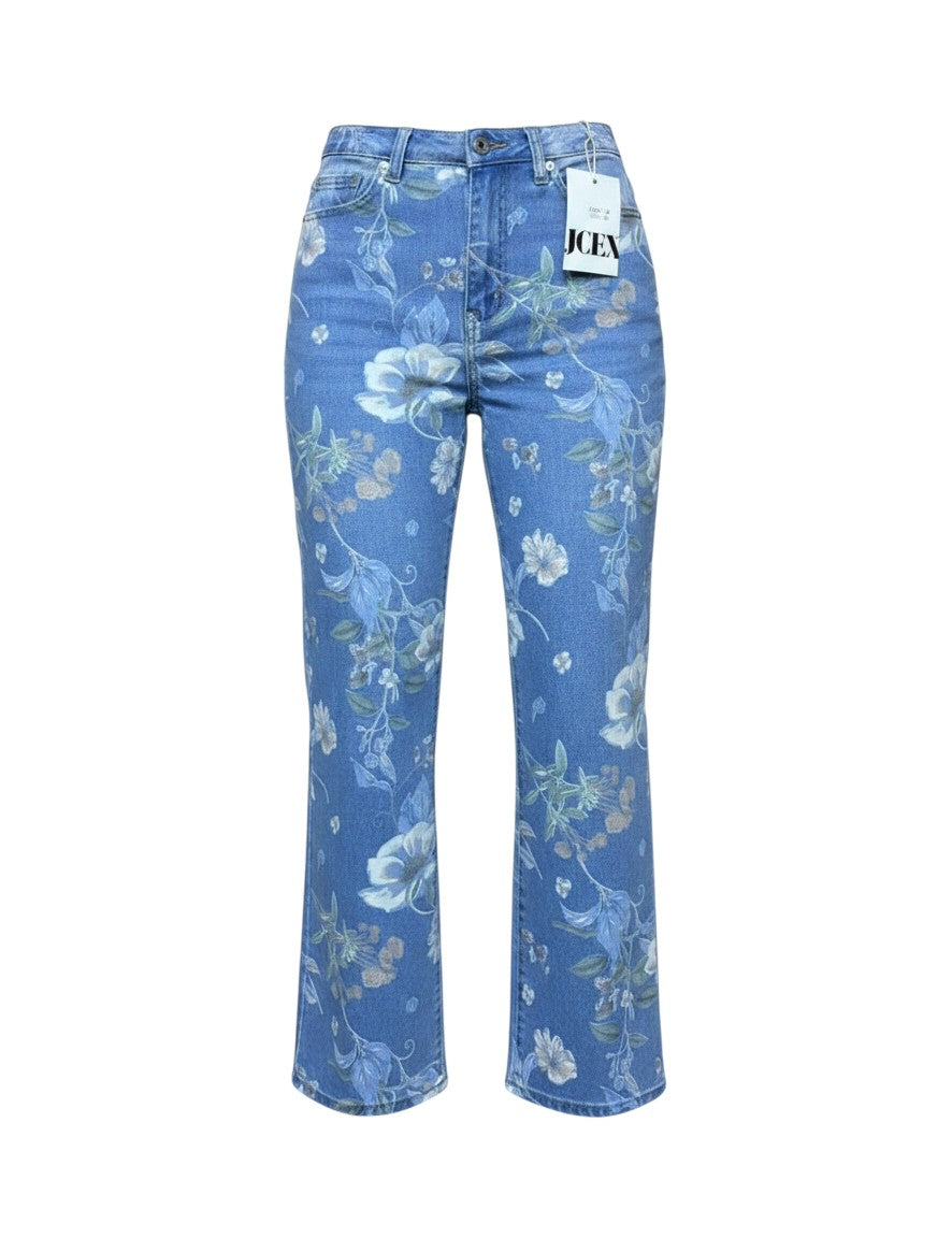 Blue Floral Print Straight Crop Jeans