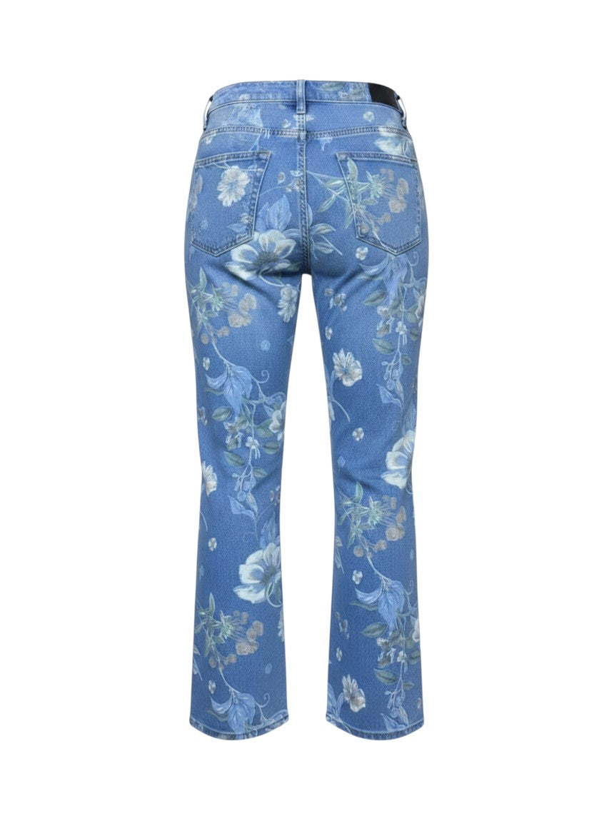 Blue Floral Print Straight Crop Jeans