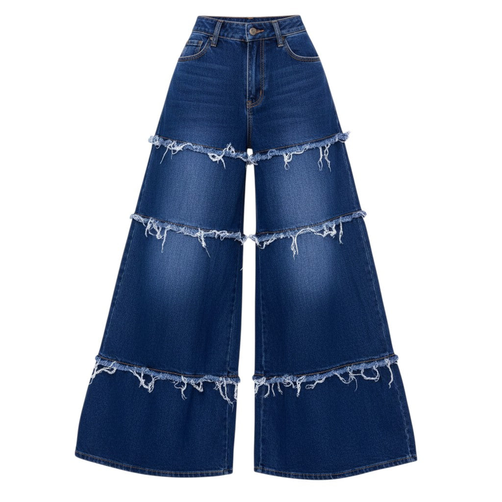 Navy Tiered Frayed Wide-Leg Flare Jeans