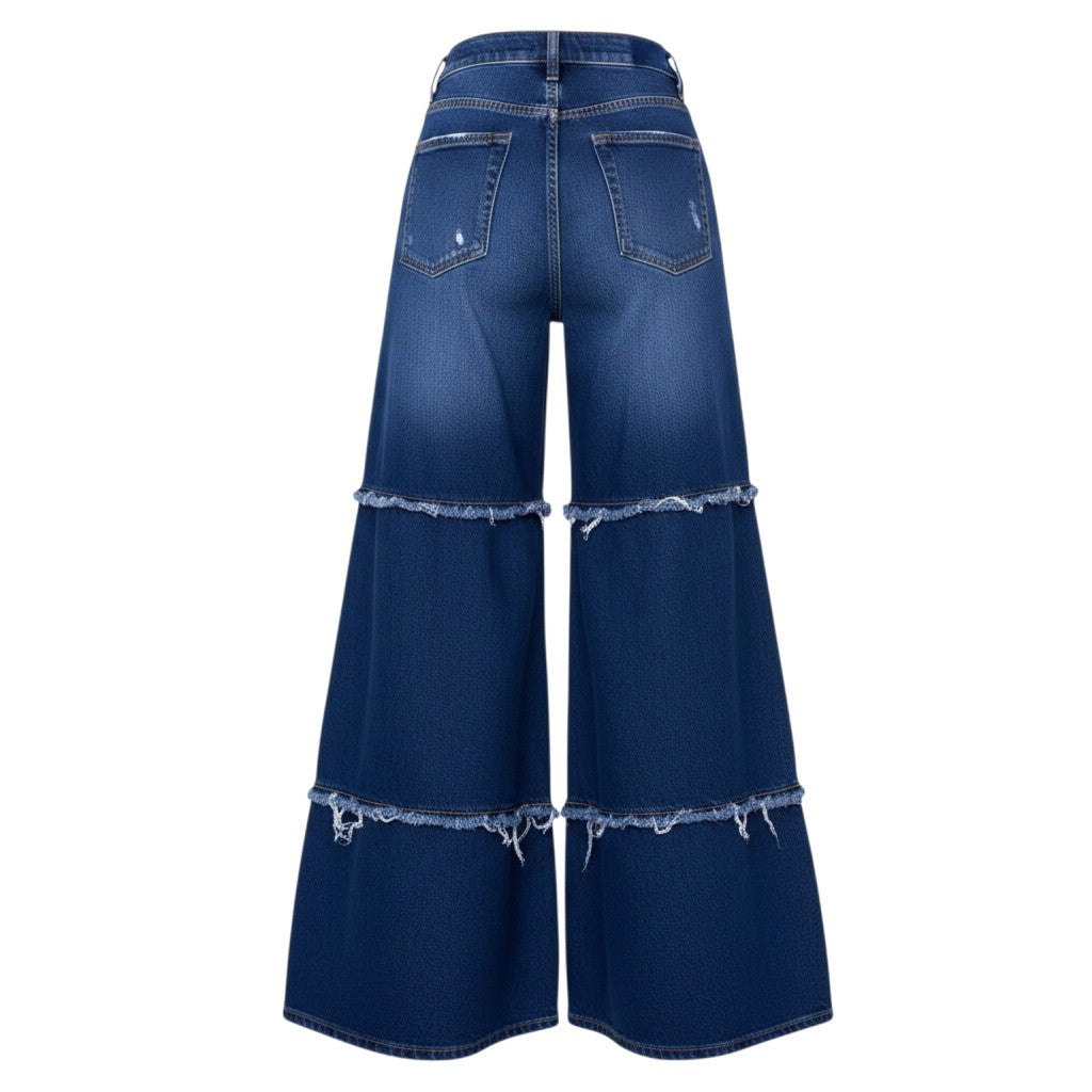 Navy Tiered Frayed Wide-Leg Flare Jeans