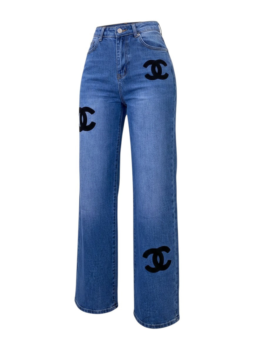 Blue Logo Patch Wide-Leg Jeans