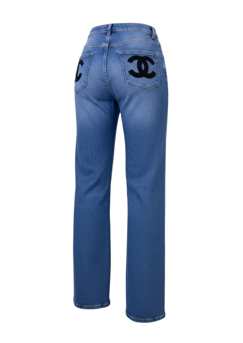 Blue Logo Patch Wide-Leg Jeans