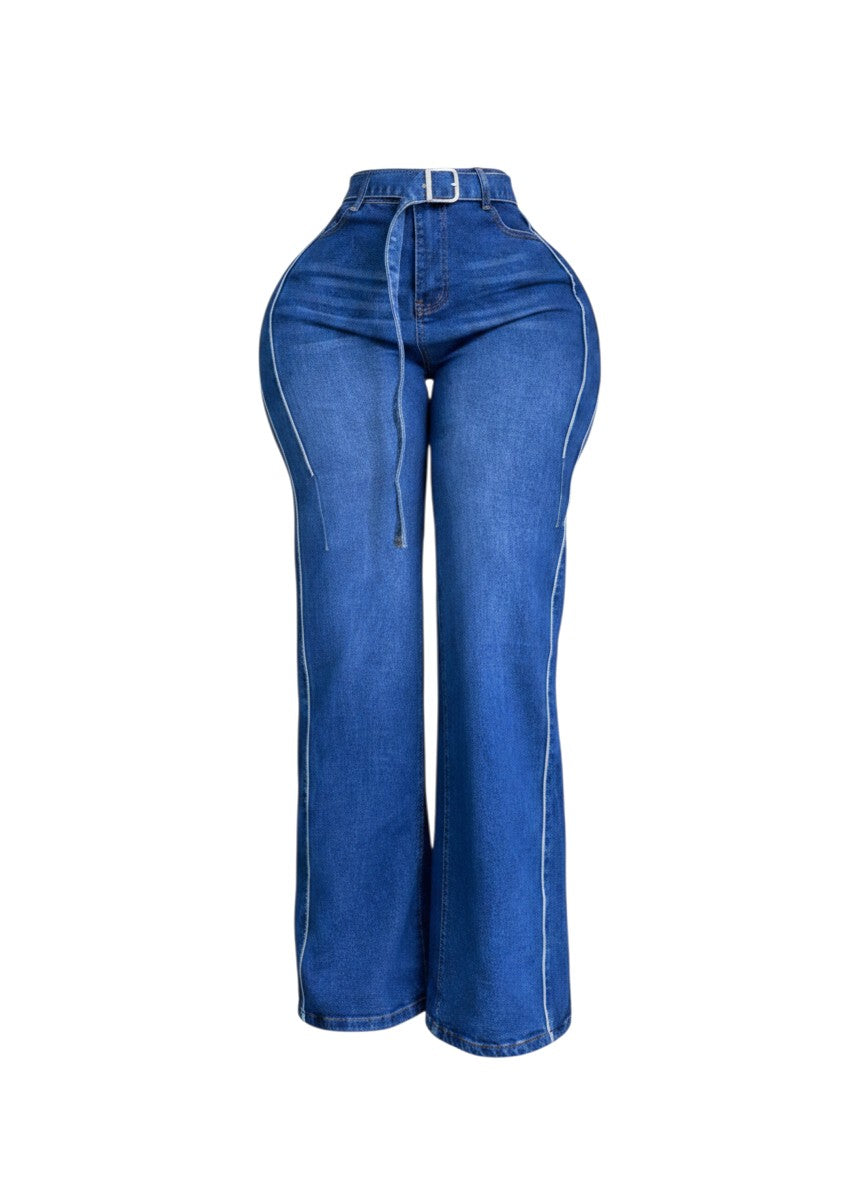 Blue Belted Wide-Leg Contrast Piping Jeans