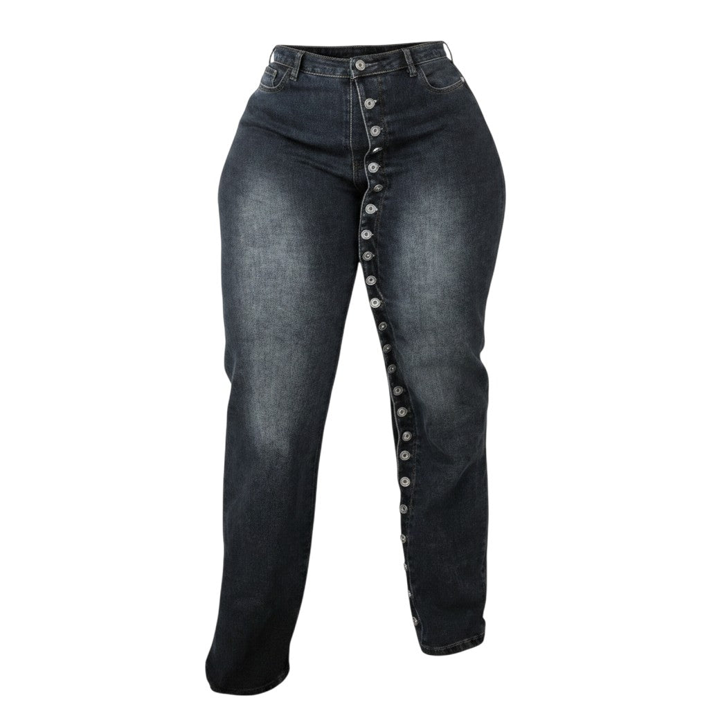 Navy Side Snap Button Straight Jeans