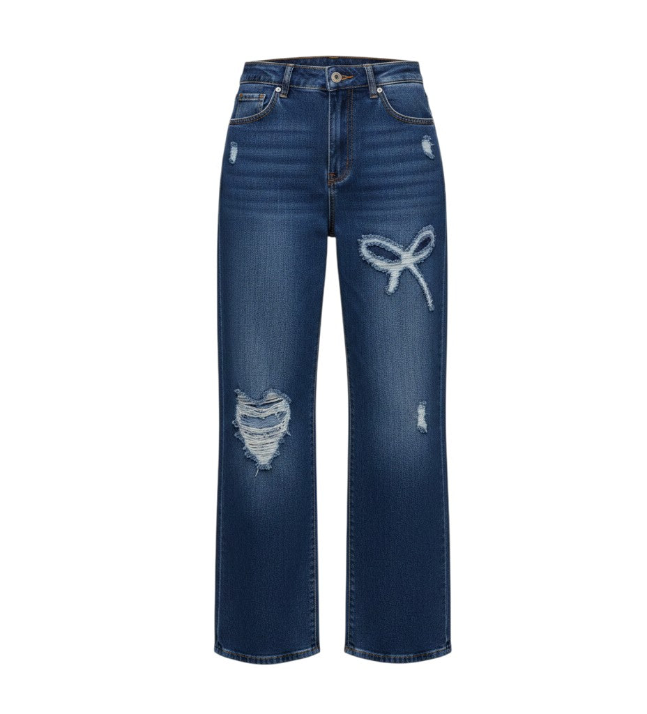 Dark Blue Bow Distressed Wide-Leg Jeans