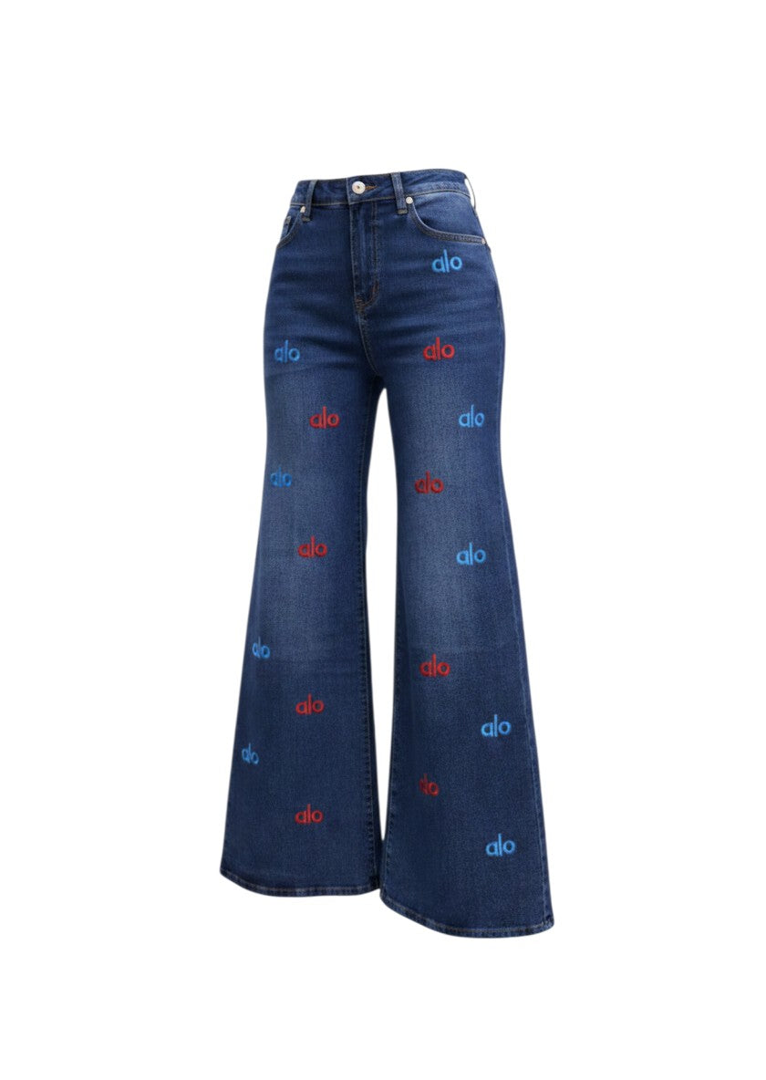 Blue Printed Wide-Leg Flare Jeans