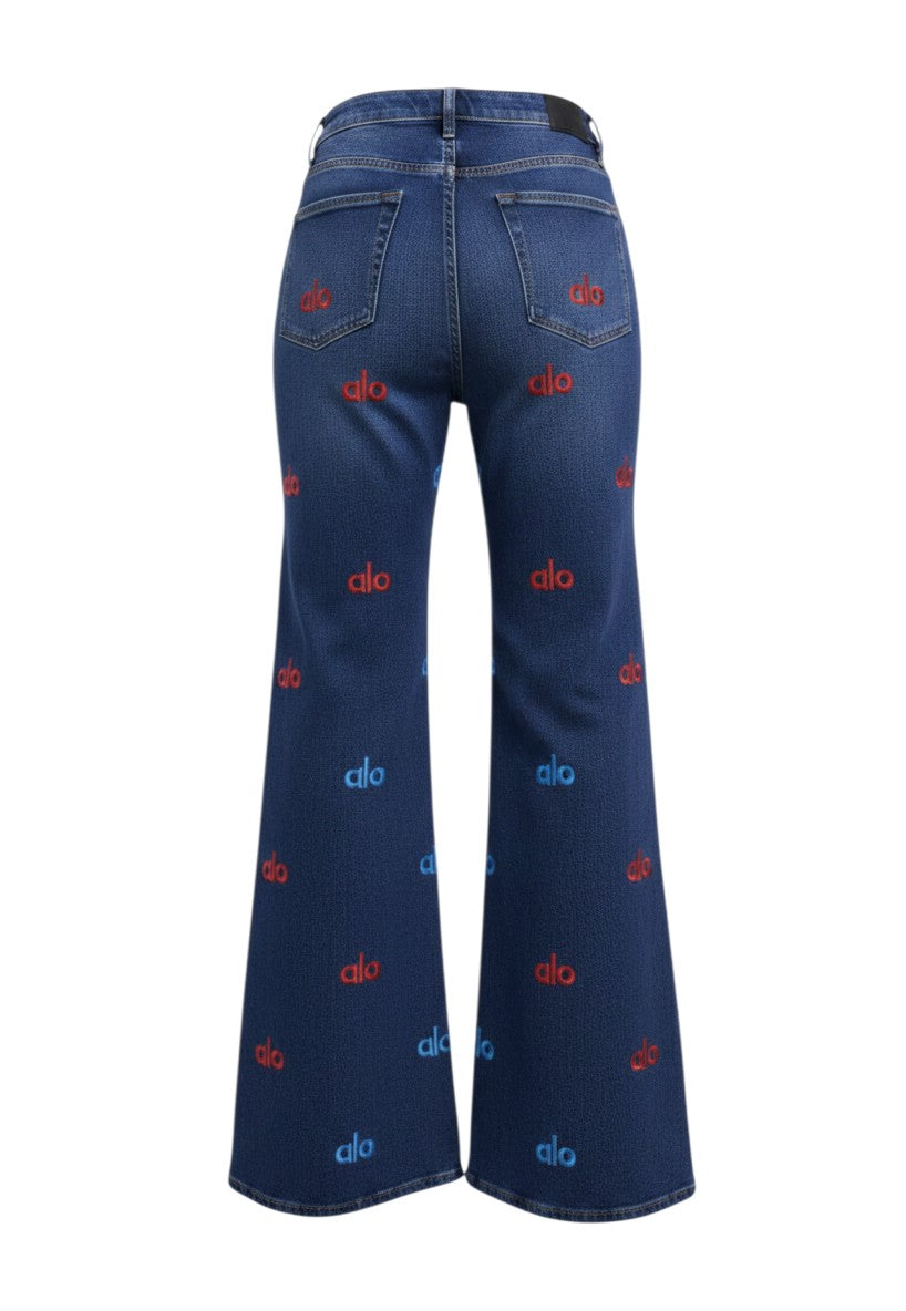 Blue Printed Wide-Leg Flare Jeans
