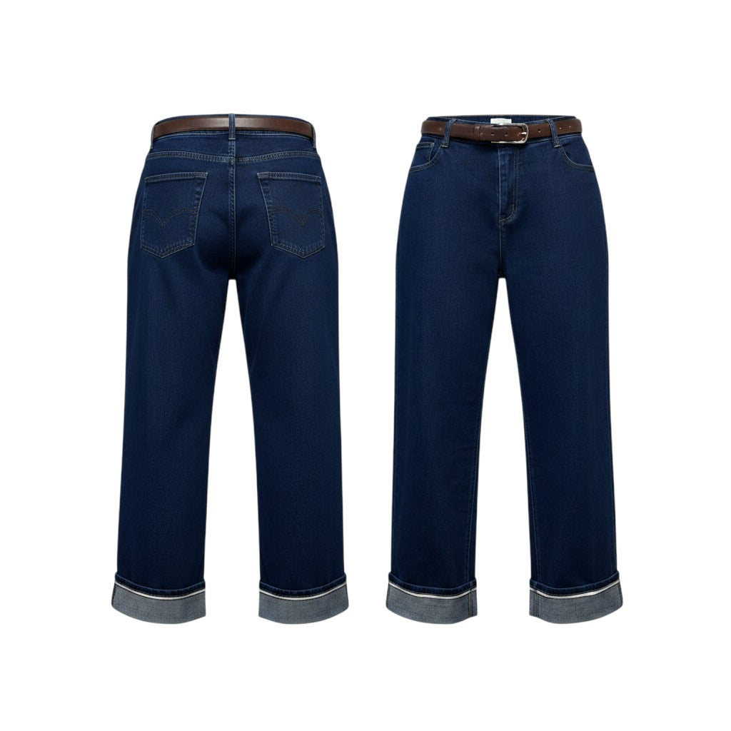 Navy Wide-Leg Cuffed Jeans
