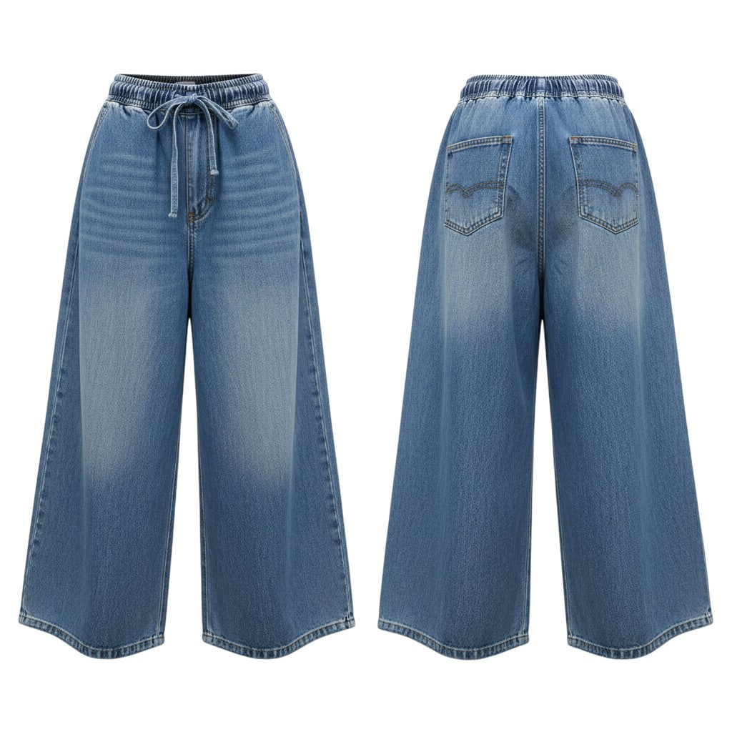 Light Blue Drawstring Wide-Leg Jeans
