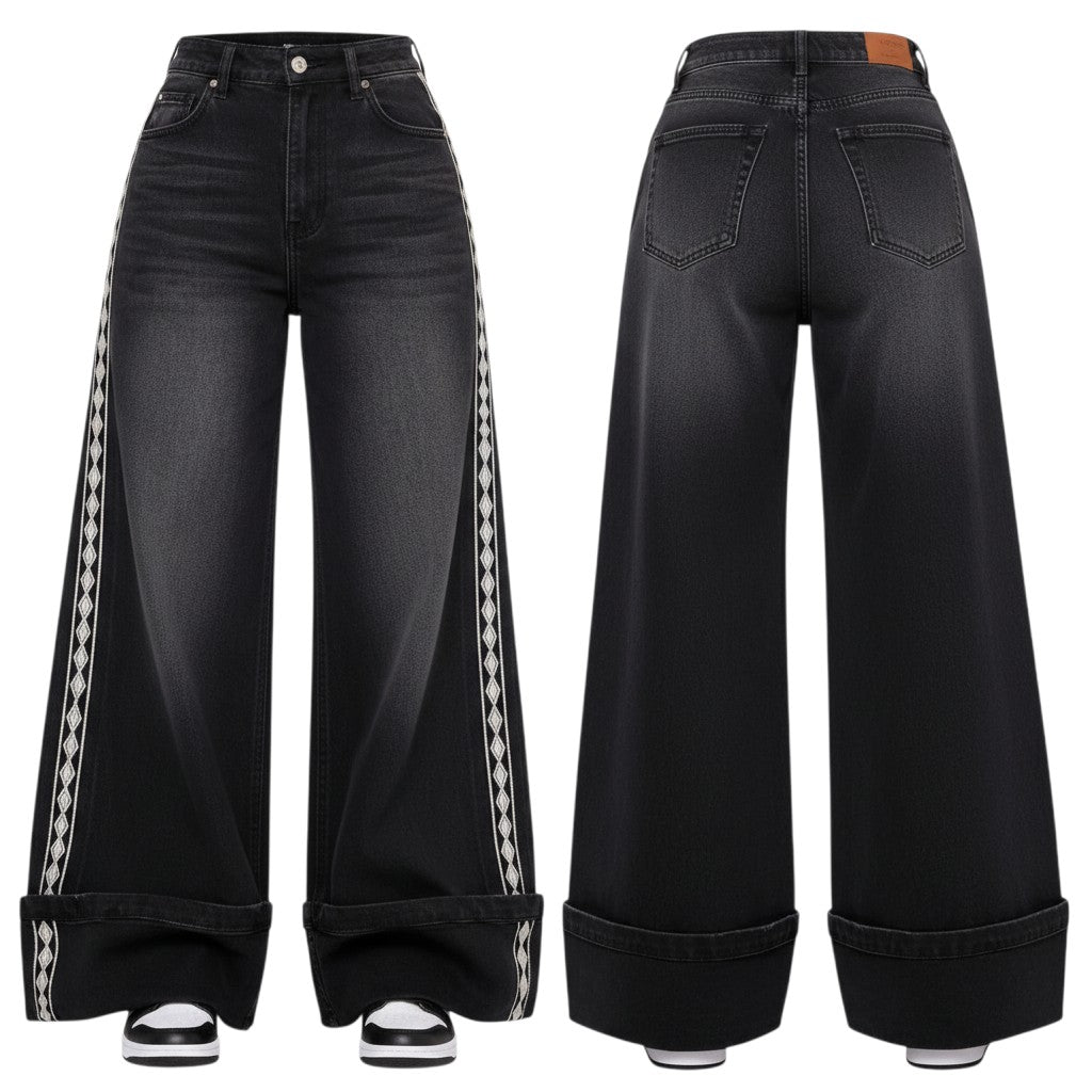 Black Embroidered Wide-Leg Jeans