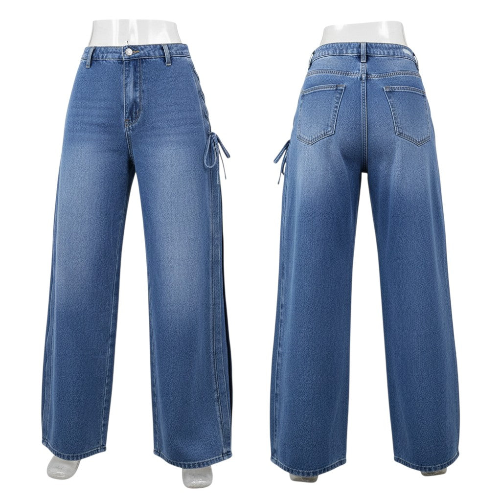 Blue Side-Tie Wide-Leg Jeans