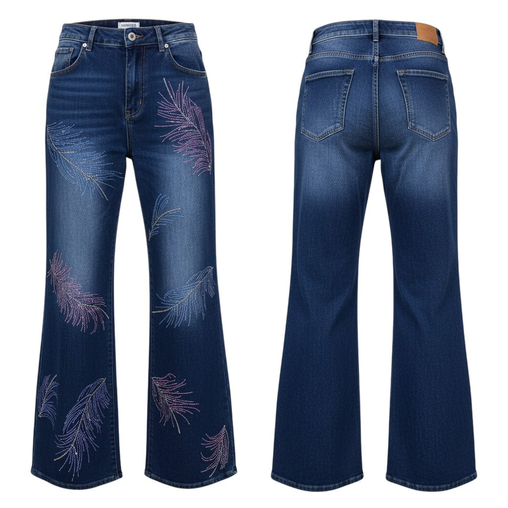 Navy Feather Rhinestone Bootcut Jeans