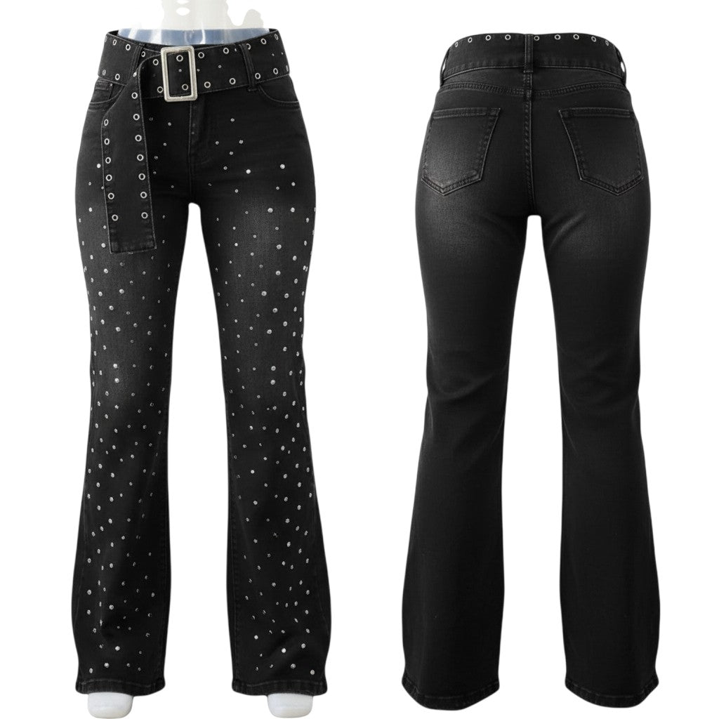 Rhinestone Belted Flare Denim