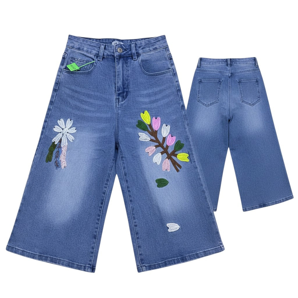Floral Embroidered Wide-Leg Denim
