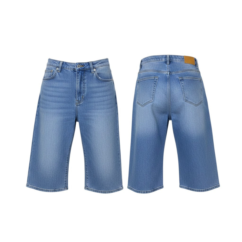 High-Waist Denim Bermuda Shorts
