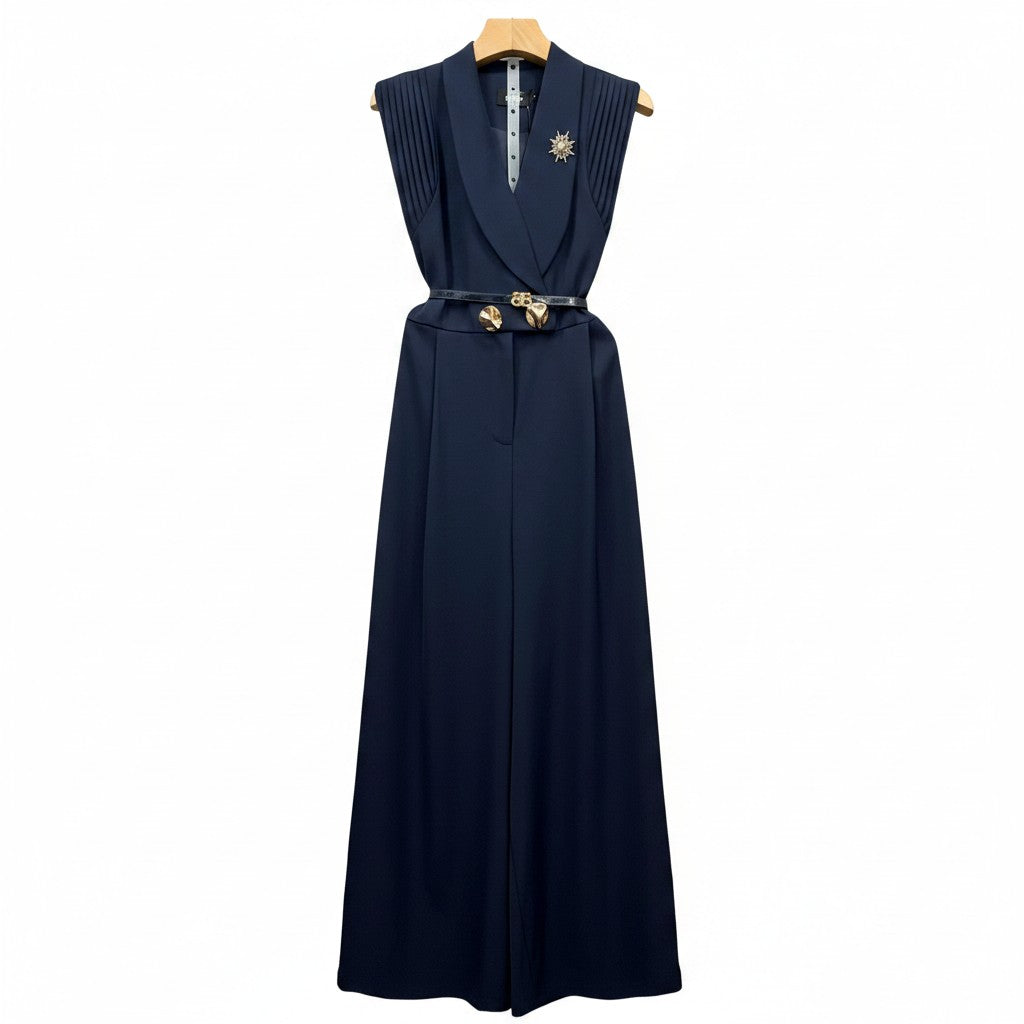 Navy Blue Sleeveless Wide-Leg Jumpsuit