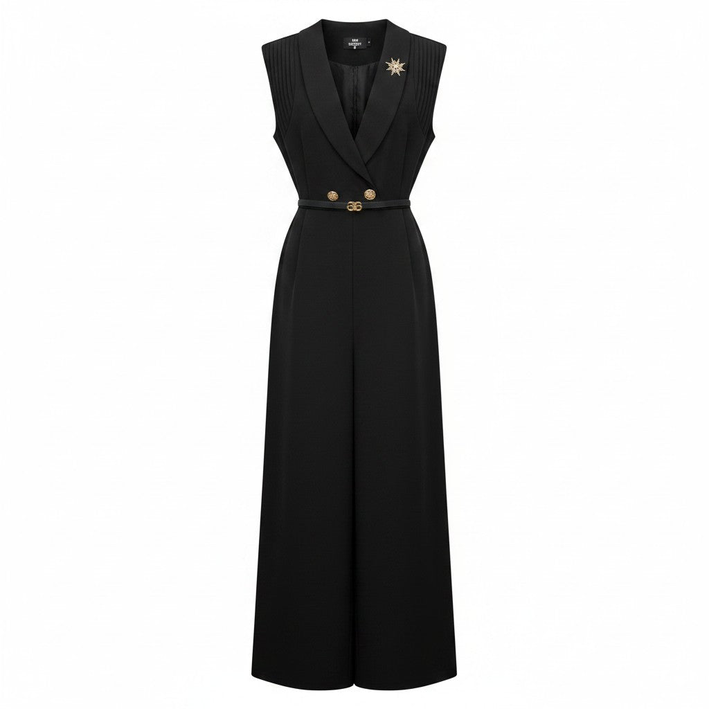 Black Sleeveless Wide-Leg Belted Jumpsuit