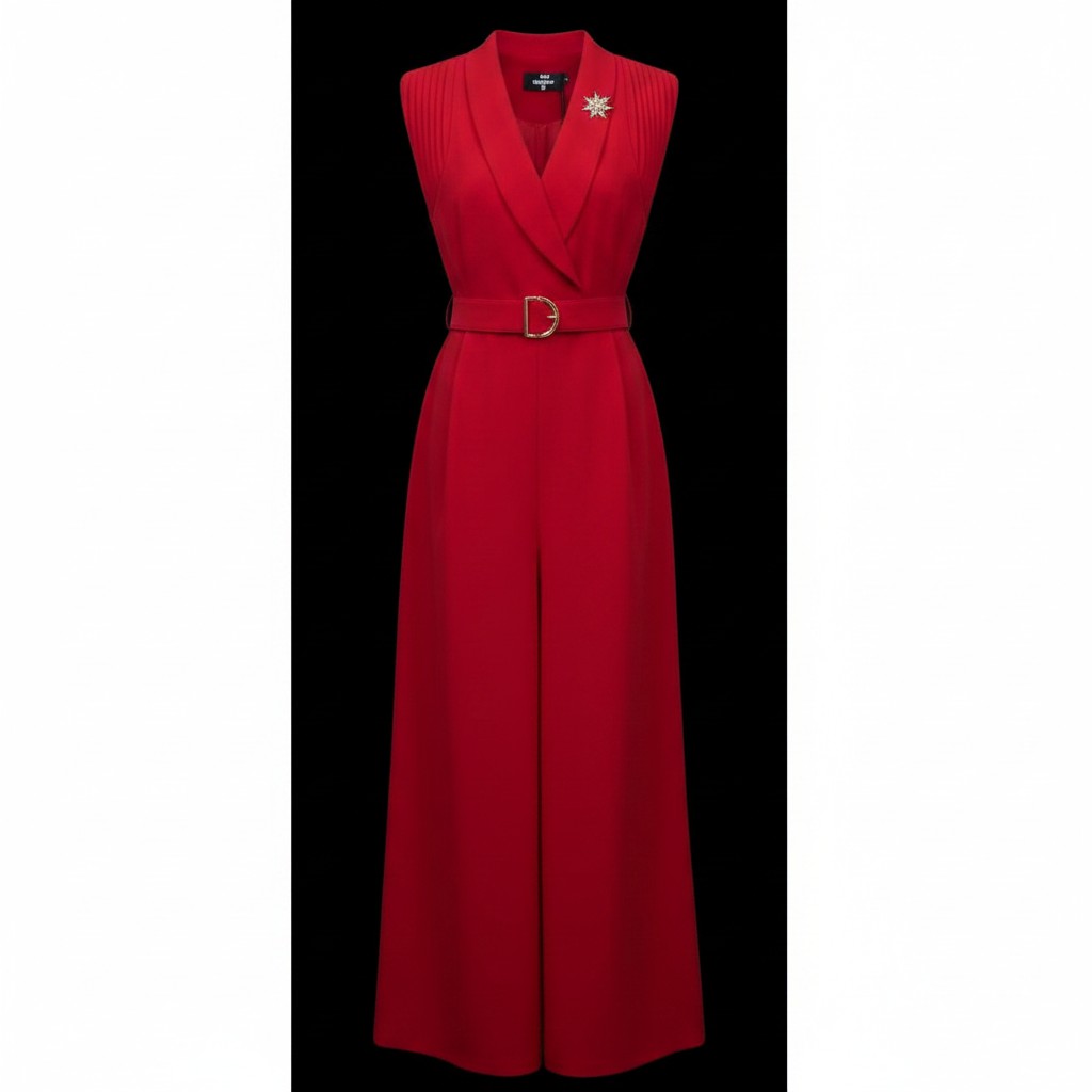 Red Sleeveless Wide-Leg Belted Jumpsuit