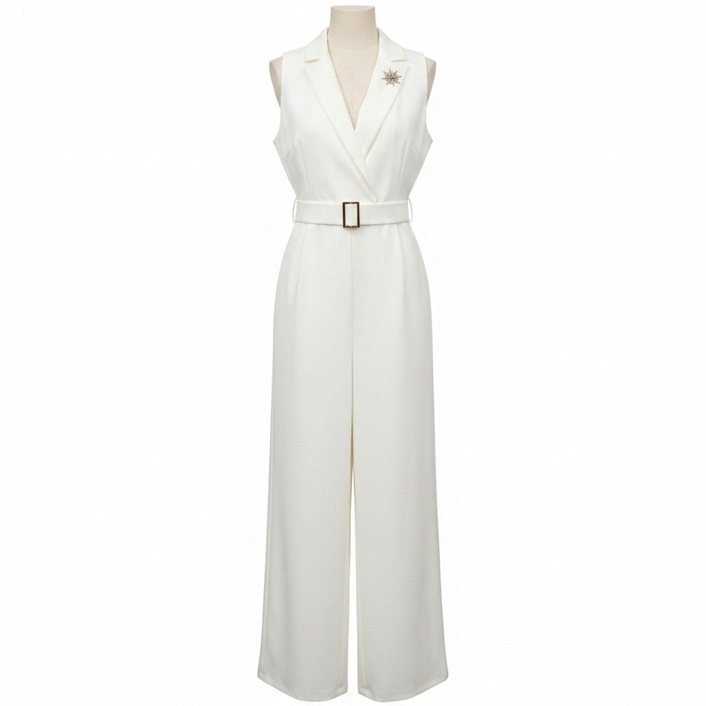White Sleeveless Wide-Leg Belted Jumpsuit