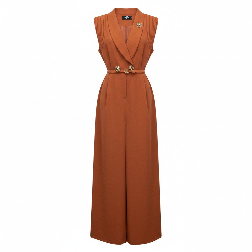 Terracotta Sleeveless Wide-Leg Belted Jumpsuit