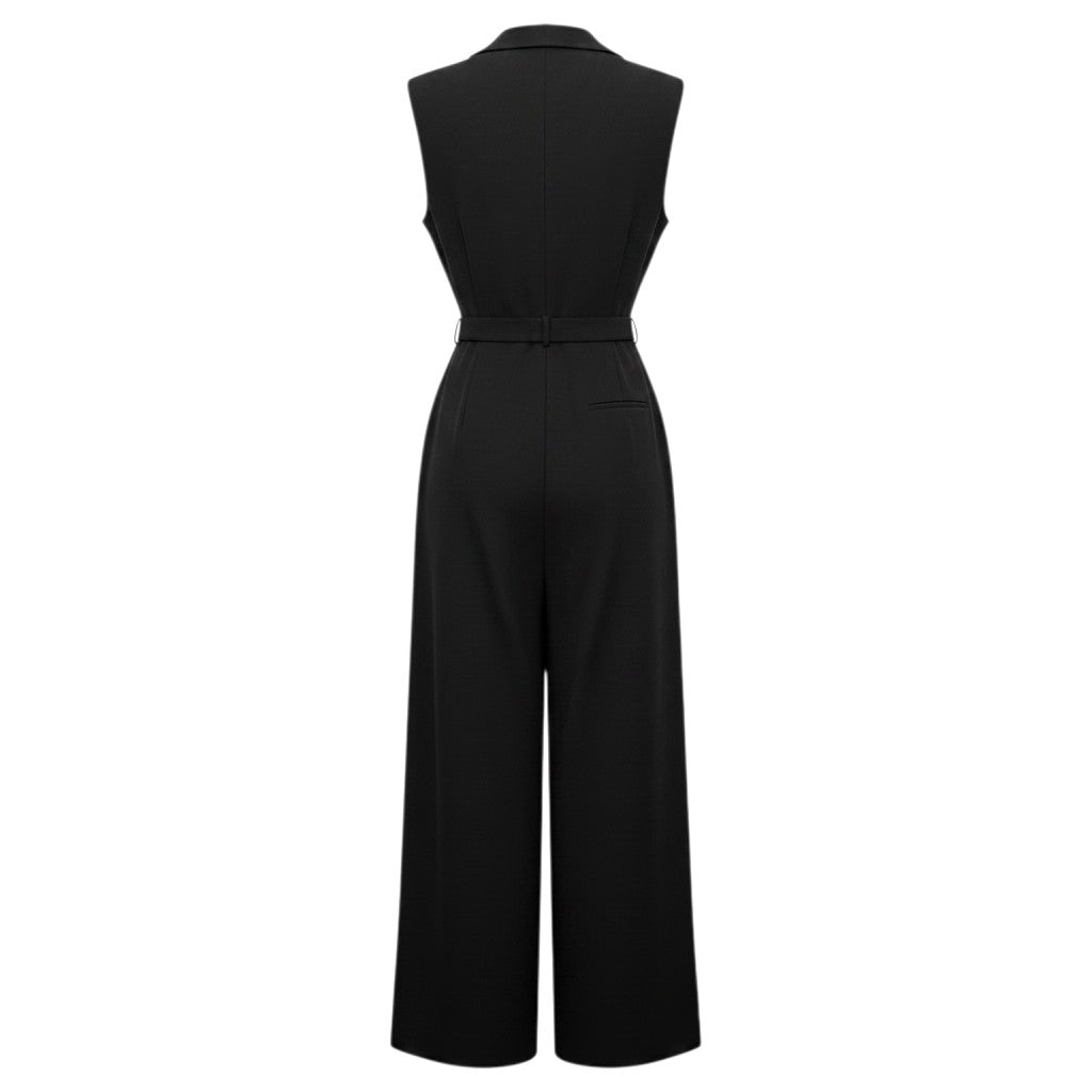 Black Sleeveless Wide-Leg Belted Jumpsuit