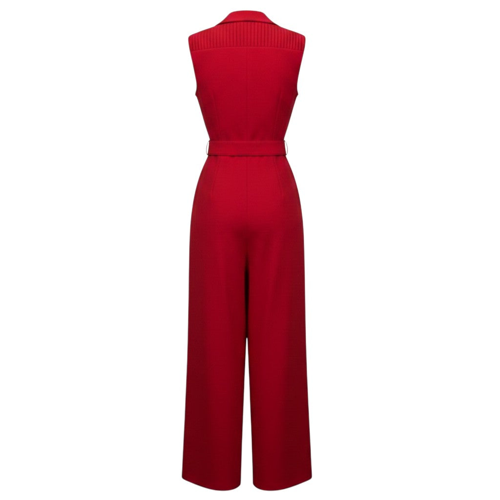 Red Sleeveless Wide-Leg Belted Jumpsuit