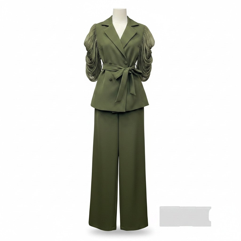 Olive Green Ruched Sleeve Peplum Blazer Set