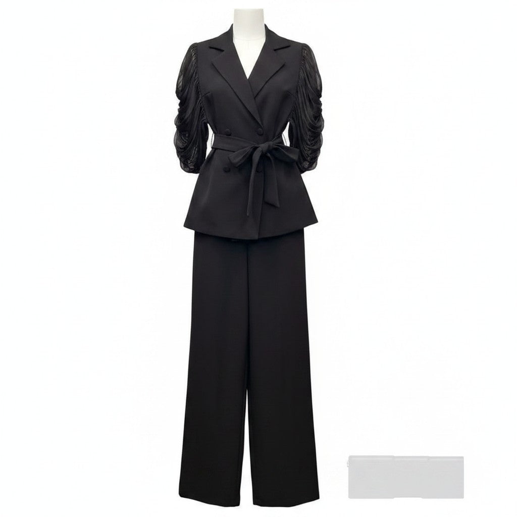 Black Ruched Sleeve Peplum Blazer Set