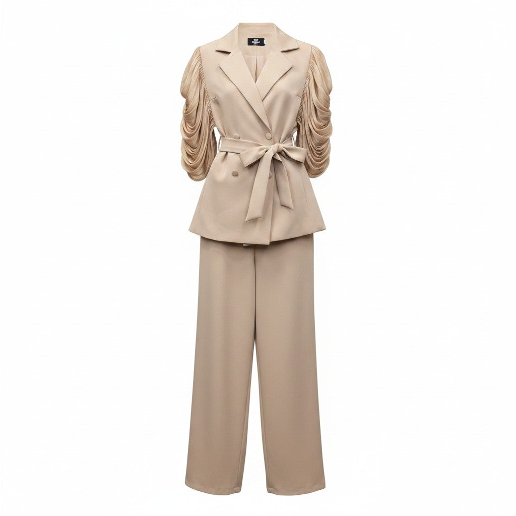 Beige Ruched Sleeve Peplum Blazer Set