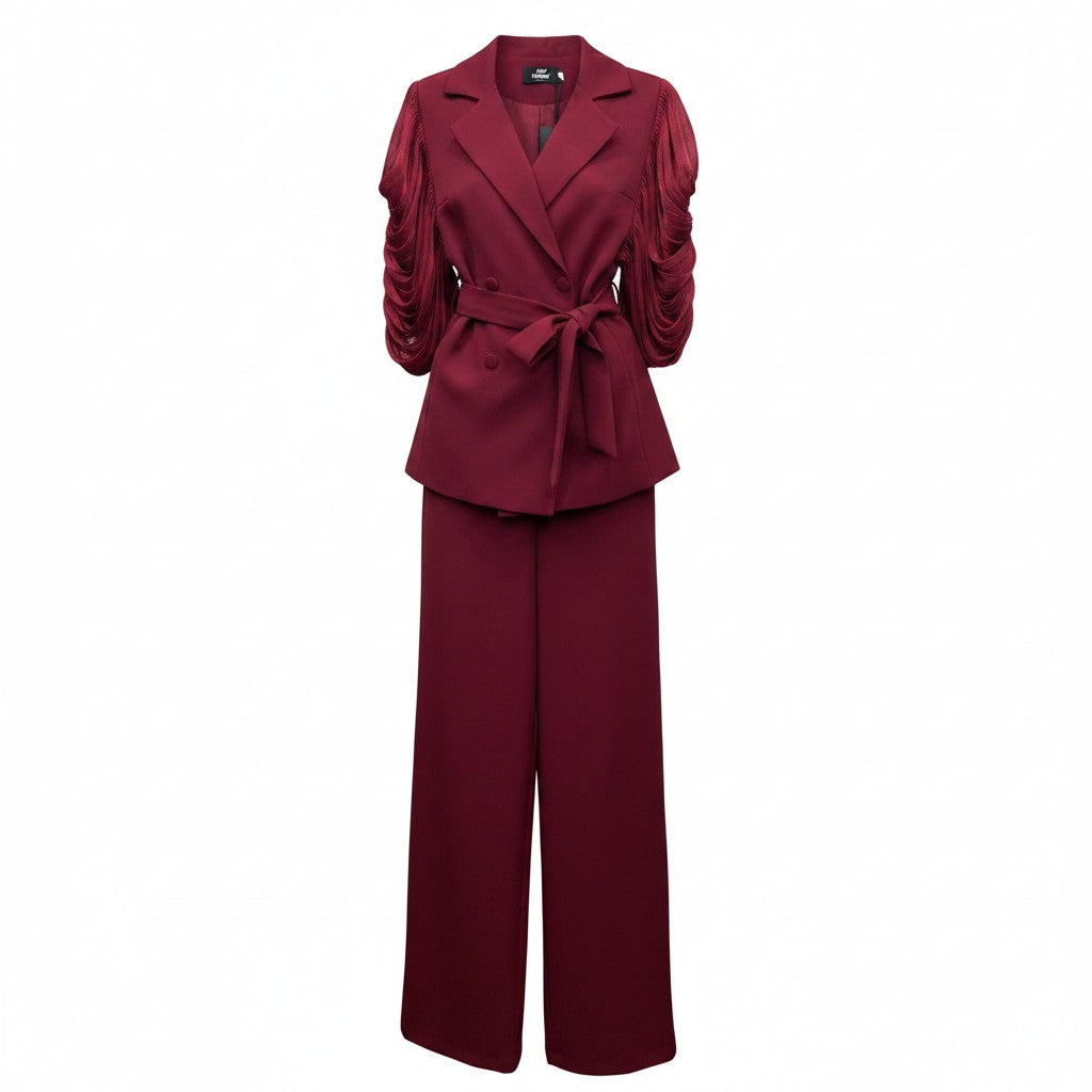 Wine Ruched Fringe Sleeve Peplum Blazer Set