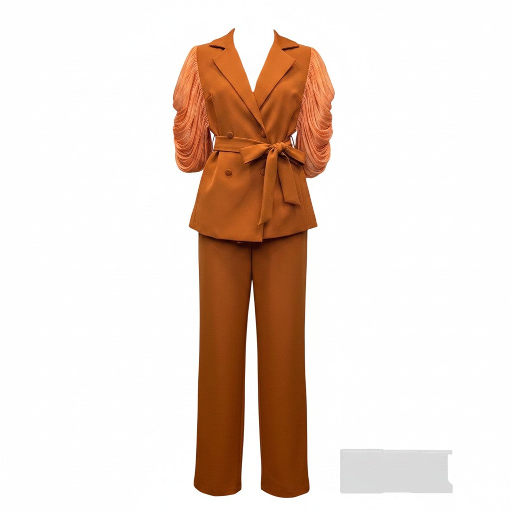 Burnt Orange Ruched Sleeve Peplum Blazer Set