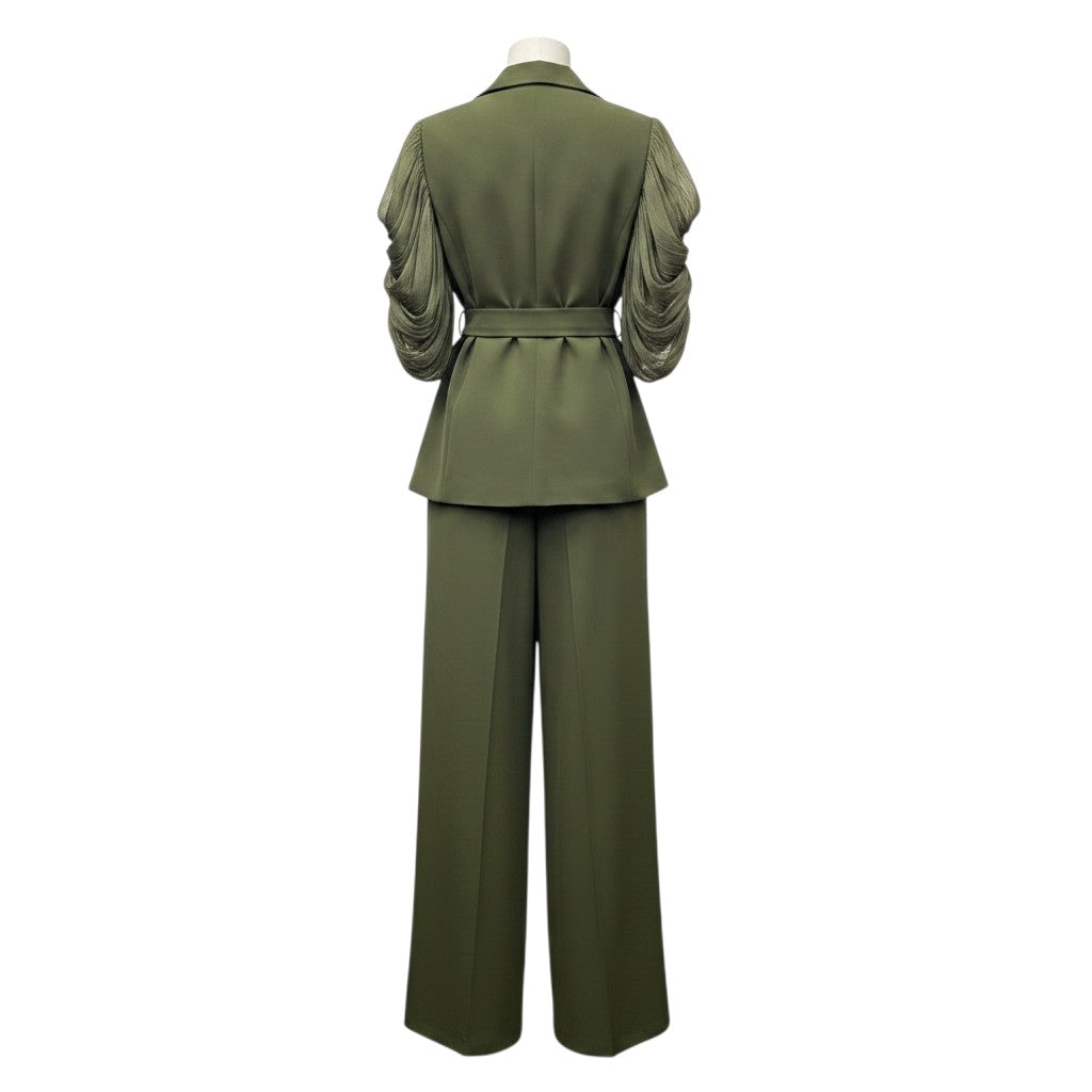 Olive Green Ruched Sleeve Peplum Blazer Set