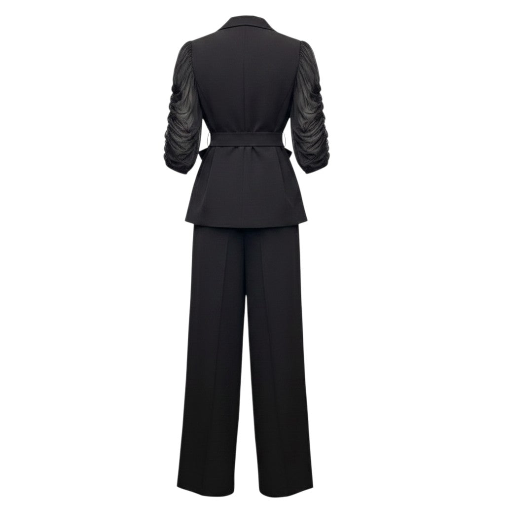 Black Ruched Sleeve Peplum Blazer Set