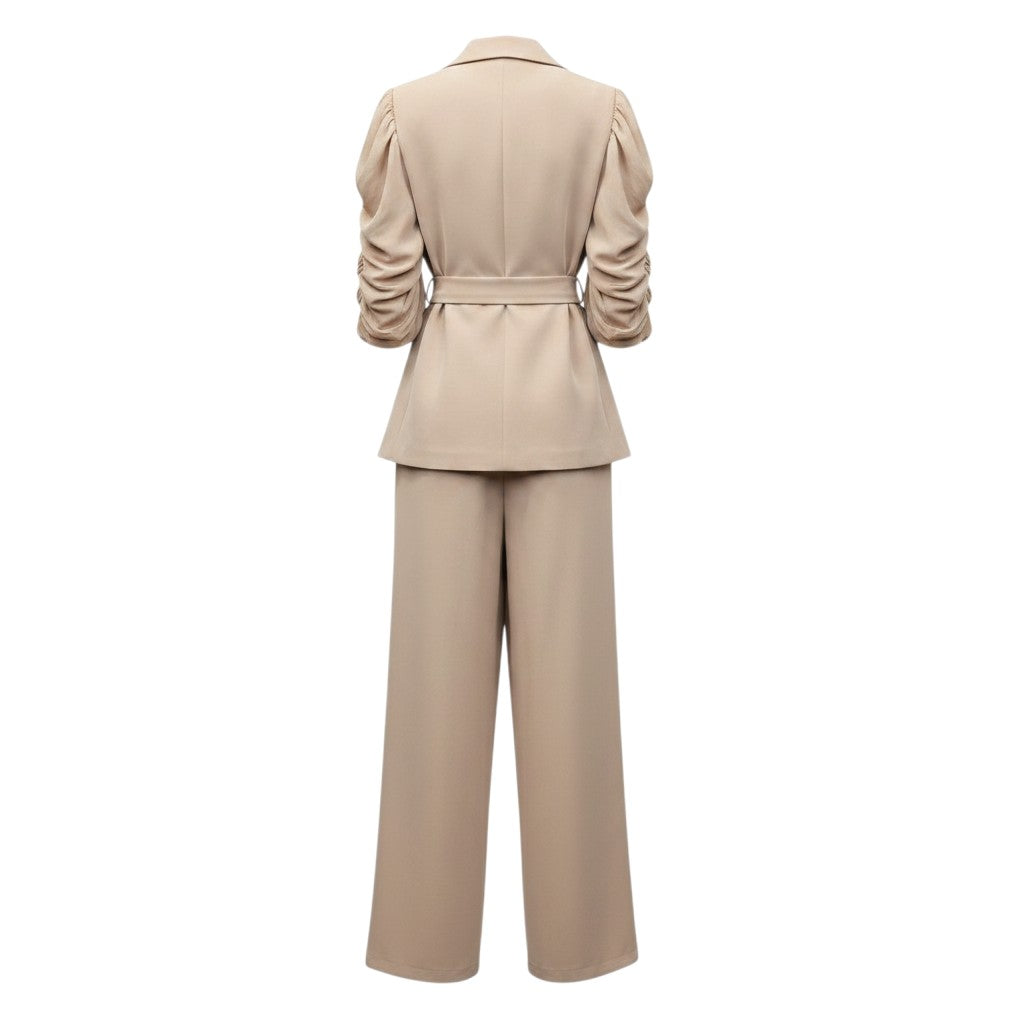Beige Ruched Sleeve Peplum Blazer Set