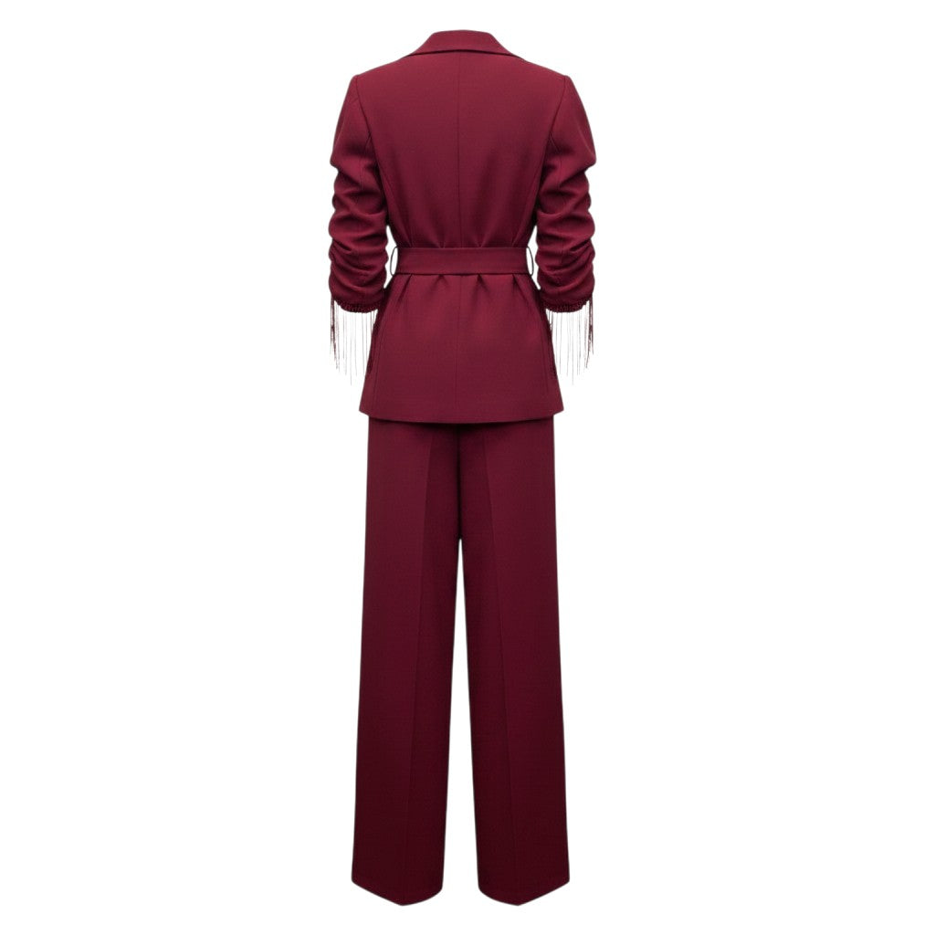 Wine Ruched Fringe Sleeve Peplum Blazer Set