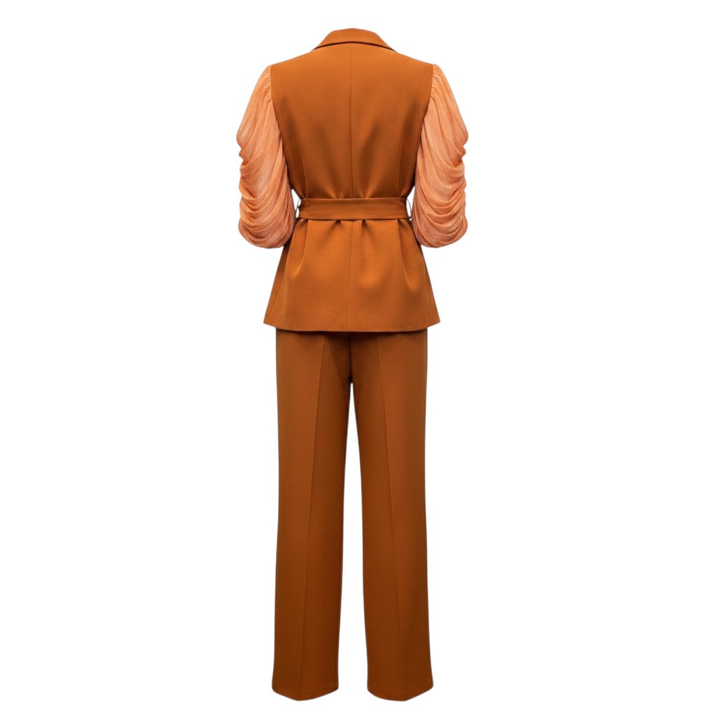 Burnt Orange Ruched Sleeve Peplum Blazer Set