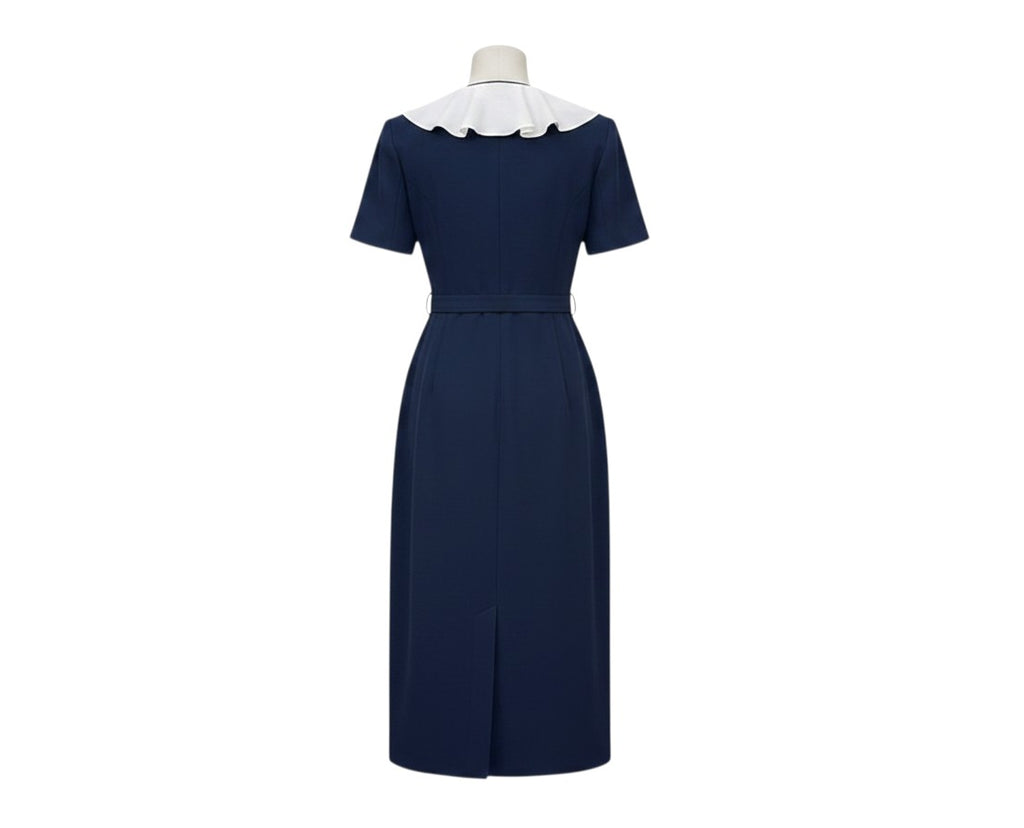 Navy Blue Ruffle Collar Wrap Dress