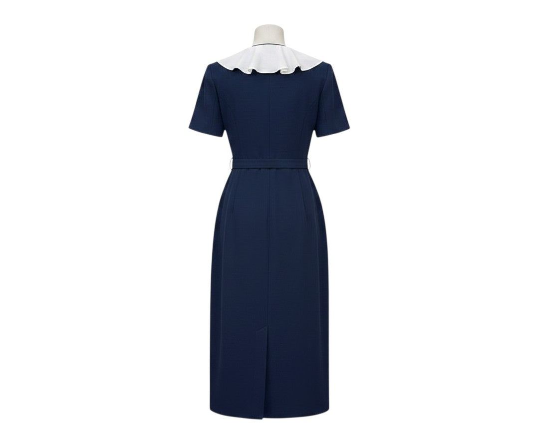 Navy Blue Ruffle Collar Wrap Dress