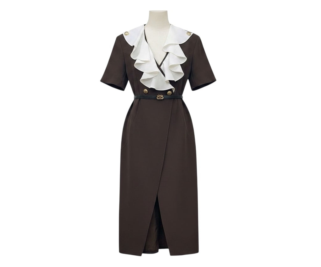 Brown Ruffle Collar Belted Dress